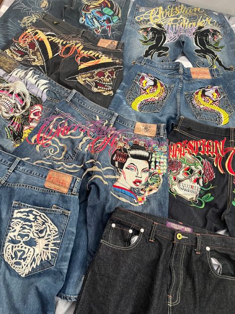 Ed Hardy Jeans Y2k, Jeans With Graphics, Ed Hardy Christian Audigier, Christian Audigier Outfit, Ed Hardy Jeans Aesthetic, Y2k Jeans Design, Ed Hardy Clothing, Christian Audigier Jeans, Y2k Embroidered Jeans