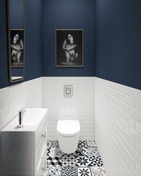 Half Bathroom Ideas, Small Bathroom Paint, Unique Bathroom Design, Toilette Design, Toilet Ideas, Small Toilet Room, White Bathroom Tiles, Bathroom Themes, Downstairs Loo