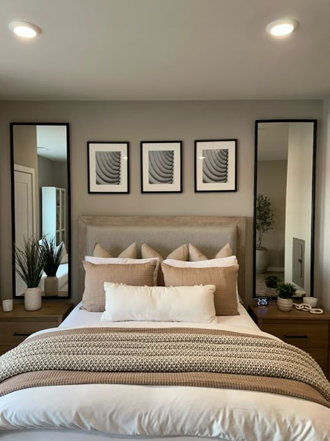 Organic Modern Bedroom Mirrors, Mirrors In Master Bed, Bedroom Sitting Area With Mirror, Bedroom Mirror Above Nightstand, Floor Mirror Behind Nightstand, Long Mirror Behind Nightstand, Mirrors On Both Sides Of Bed, Above Nightstand Mirror, Night Stands With Mirrors Behind