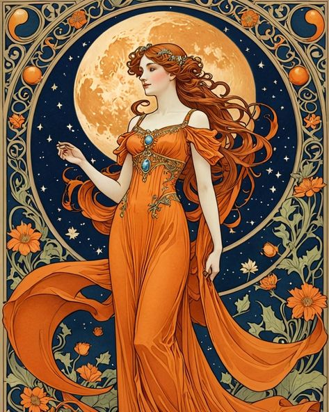 Mucha Moon And Stars, Alphonse Mucha Color Palette, Alphonse Mucha Art Nouveau Illustrations, Art Nouveau Vampire, Art Nouveau Witch, Art Nouveau Portrait, Art Nuevo, Art Nouveau Fashion, Art Nouveau Mucha