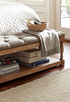 Lately, I have noticed many bedroom pictures with a bench at the end of the bed. I love this trend! If you don’t have room, that’s one thing, but otherwise it’s the most perfect way to put a finish on the room, add seating, and create that ideal plop and drop spot for the 9 Bed Benches, Spavaća Soba, Diy Bedroom Storage, Diy Storage Bench, Small Bedroom Storage, Enchanted Castle, Storage Bench Bedroom, Bedroom Interiors, Bench Diy