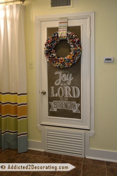 Hallway HVAC door turned into a chalkboard with custom vent made of wood yard sticks.  Love the magazine wreath also! Hvac Closet Door Ideas, Condo Laundry Room, Hvac Closet, Hallway Makeover Before And After, Magazine Wreath, Door Redo, Furnace Room, Utility Cabinet, Hallway Makeover