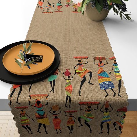 African Tribal Women Jute Looking Patterned Digital Printed Table Runner Jute Table Runner, Fabric Runner, Printed Table Runner, Jute Fabric, African Pattern, Free Fabric, Table Mats, African Art, Disney Art