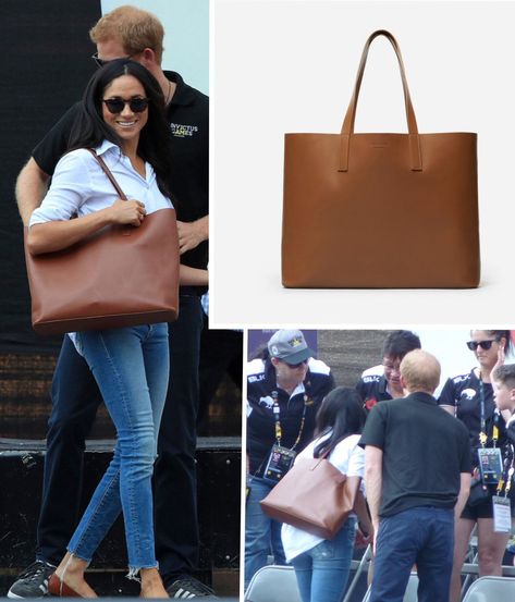 Brown Tote Bag Outfit, Leather Tote Bag Outfit, Minimalist Fashion Women Outfits, Cognac Bag, Cloth Tote Bags, Heels And Bags, Iconic Handbags, Meghan Style, Bag Styling