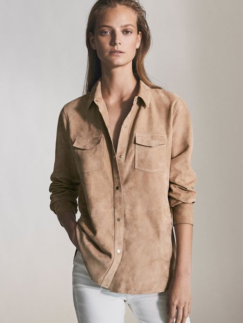 SUEDE SHIRT WITH POCKETS - Women - Massimo Dutti Zara Logo, Neutral Shirt, Massimo Dutti Women, Safari Chic, Francoise Hardy, Denim Shirts, Blouse Sale, Neutral Fashion, Weekend Wear