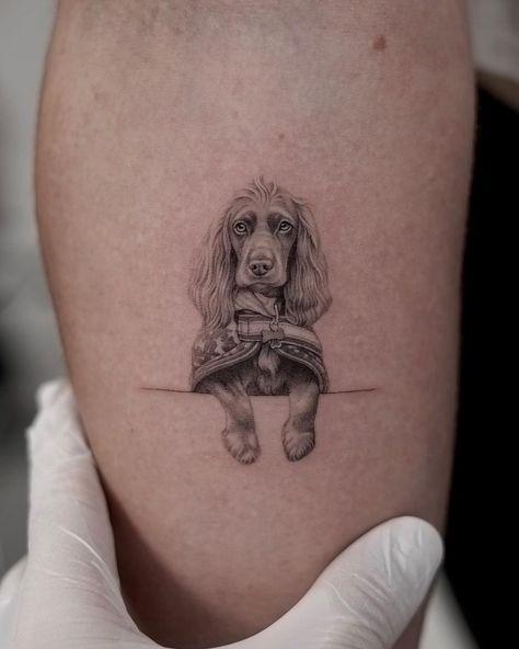 Cocker Spaniel Tattoo, Spaniel Tattoo, Pet Portrait Tattoo, Regrets Tattoo, Dog Portrait Tattoo, No Regrets Tattoo, Korean Tattoo Artist, Korean Tattoos, Single Needle Tattoo