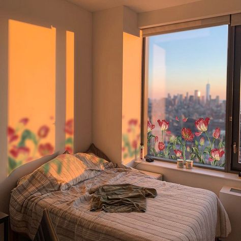 Floral Window Clings, Non Sticky and Static Cling, Flower Window Decals for Modern Bedroom, Urban Office Sun Shining Through Window Aesthetic, Sun Shining Through Window, Brown Room Aesthetic, Painting Moodboard, Apartment Window, Brown Room, Nyc House, Urban Office, Study Stuff