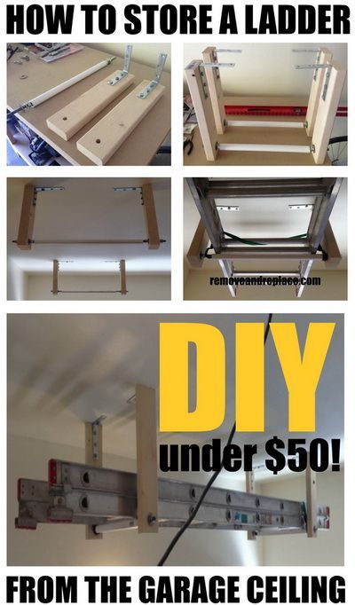 How To Store A Ladder On The Garage Ceiling Like A Pro! Ladder Closet, Wood Storage Garage, Ladder Storage Ideas, Garage Ceiling Ideas, Organization Cabinets, Small Garage Organization, Shelves Garage, Cabinets Garage, Storage Ladder