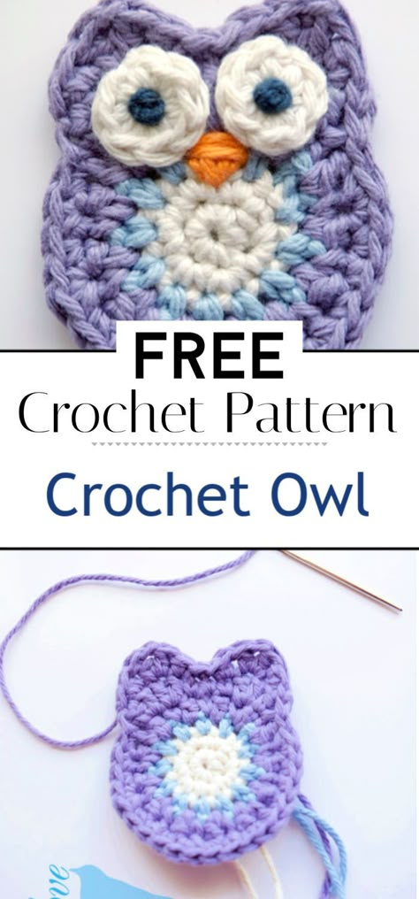 Owl Crochet Applique, Owl Coasters Crochet Free Pattern, Crochet Owl Applique Free Pattern, Easy Crochet Owl Pattern Free, Small Easy Crochet Projects Free, Small Crochet Applique Patterns Free, Free Owl Crochet Patterns, Crochet Applique Patterns Free Animal, Quick And Easy Crochet Projects For Beginners