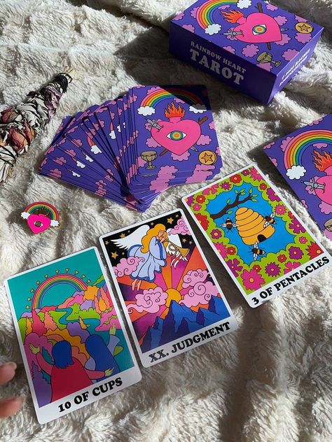 This Second Edition of the Rainbow Heart Tarot will feature the following upgrades:⁠ ⁠ 🌈 Holographic silver card edges⁠ 🌈 400 gsm matte stock cards⁠ 🌈 Full-color instruction booklet ⁠ 🌈 Every deck shipped in super-cute fully recyclable mailers⁠ 🌈 One tree planted for every deck sold (through the organization One Tree Planted)⁠ ⁠ The Second Edition of the Rainbow Heart Tarot is available for preorder at this link now 💕⁠ Full Tarot Deck, Tarot Cards Beautiful, Holographic Tarot Cards, Pretty Tarot Decks, Pretty Tarot Cards, Cute Tarot Cards, Tarot Deck Aesthetic, Tarot Cards Decks, Beautiful Tarot Cards