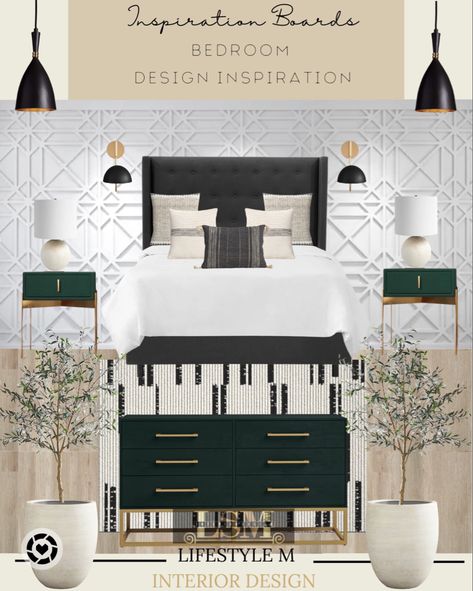 Design board with furniture and decor for a bed room. Black Bed With Green Bedding, Green Black And White Bedroom, Green And Black Bedroom, Upolstered Bed, Grey Green Bedrooms, Black Upholstered Bed, Guess Bedroom, Transitional Style Bedroom, Girls Bedroom Green