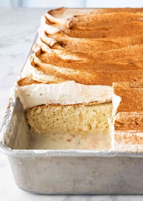 This easy tres leches cake is moist, subtly sweet, and tastes even better after a day in the fridge. #dessert #dessertideas #easydesserts Tres Leches Cake Recipe Authentic, Best Tres Leches Cake, Leche Cake, Yummy Cake Recipes, Tres Leches Cake Recipe, Mexican Desserts, Hispanic Recipes, Tres Leches Cake, Mexican Dessert