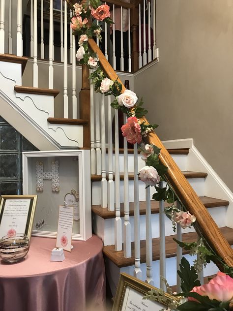 Entry way decor for baby shower... flowers, pink and gold set the atmosphere. Baby Shower Staircase Decor, Front Entry Decor, Entry Decor, Staircase Decor, Baby Shower Flowers, Front Entry, Gold Set, Baby Shower Decorations, Flower Decorations