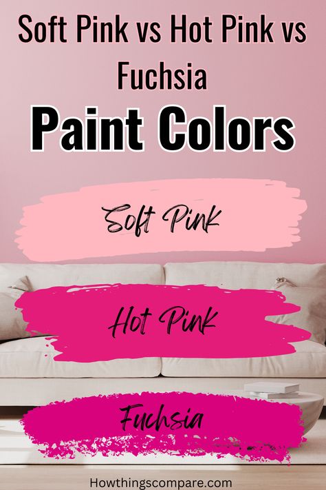 Soft Pink vs Hot Pink vs Fuchsia: Paint Colors Compared This article will discuss the colors soft pink, hot pink, and fuchsia including a side-by-side comparison. If you are considering a switch to one of these colors, the information here will help you decide which one is best for you. Soft pink paint color | Hot pink paint color | Fuchsia paint color Hot Pink Home Office, Bright Pink Paint Colors, Fuschia Paint Color, Hot Pink Salon, Fuschia Paint Colors, Fuchsia Bathroom, Hot Pink Paint Colors, Hot Pink Bedroom Walls, Hot Pink Accent Wall