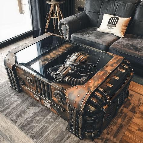 FALLOUT 3 THEMED COFFEE TABLE CONCEPT, HOME DECOR CONCEPTS, INSPIRATION AND IDEAS Fallout Room Ideas, Fallout Game Room, Fallout Home Decor, Fallout Room Decor, Fallout Bedroom, Fallout Room, Fallout Decor, Steampunk Coffee Table, Fallout Theme