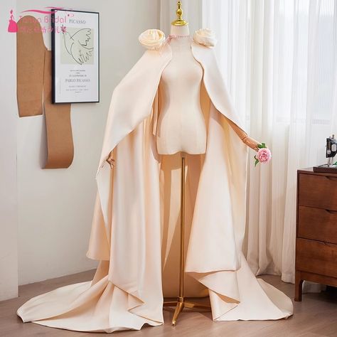 Champagne Satin Long Wedding Cape With Flowers Simple A Line Detachable Train Elegant Bolero Wraps Accessories - AliExpress 320 Luxury Cape With Draped And Cape Sleeves, One Size Cream Cape, Chic One-size Shawl Cape, Elegant One-size Cape Shawl, Cream Wedding Dress Long Cape, Detachable Train, Shoulder Cape, Wedding Cape, Formal Attire