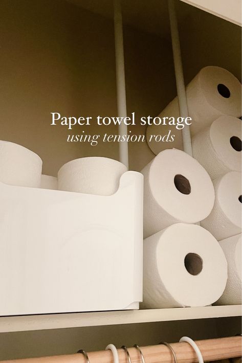 How to Use Tension Rods to Store Paper Towels - Life Love Larson Storing Paper Towels In Pantry, Pantry Paper Towel Storage, Bulk Paper Towel Storage Ideas, How To Store Paper Towels, Bulk Paper Towel Storage, How To Store Kitchen Towels, Paper Towel Organization Ideas, Organize Paper Towels, Paper Towel Storage Ideas