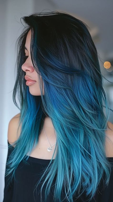 24 Blue Black Hairstyles to Love Cute Hair Color Ideas For Summer, Black Hair Blue Ombre, Black To Teal Ombre Hair, Blue Bayalage Hair Dark, Indigo Ombre Hair, Dark Roots Blue Hair, Hair Colour Ideas Blue, Blue Ends On Black Hair, Black Hair With Coloured Highlights