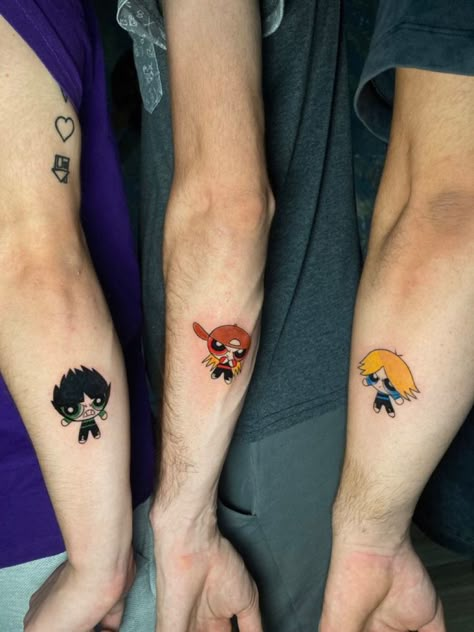 Siblings Tattoo Ideas For 4, 3 Friend Tattoos, Powerpuff Boys, Pikachu Tattoo, 90s Tattoos, Nostalgic 90s, Sibling Tattoos, Rapper Art, Powerpuff Girl