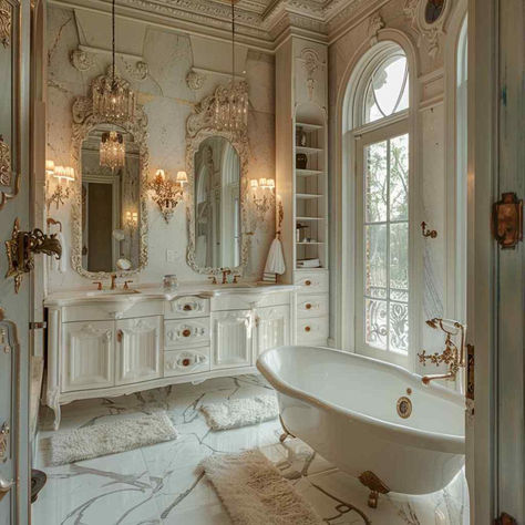 30 Bathroom Ideas: Rococo Luxury with a Touch of Baroque-Gothic Charm 1800s Bathroom Ideas, 1800s Bathroom, French Chateau Bathroom, Vintage Bathroom Tiles, Rococo Bathroom, Victorian Bathroom Decor, Victorian Bathroom Vintage, Bathroom Vanity Vintage, Victorian Bathroom Ideas