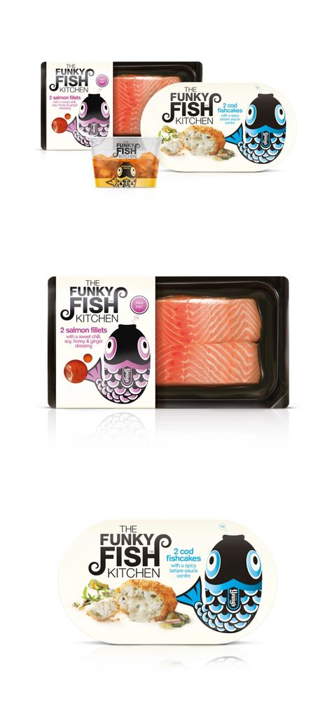 Fish Food Packaging, Fish Packaging Design, Fresh Fish Packaging, Seafood Packaging Design, Fish Packaging, Veggie Restaurant, Dieline Packaging, Funky Fish, Typography Packaging