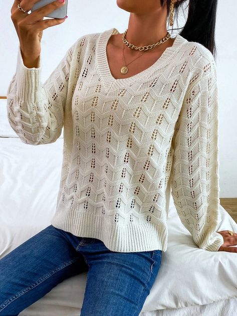 Elegant Textured Knit V-neck Sweater, Beige Textured Knit V-neck Sweater For Winter, Luxury Textured Knit V-neck Sweater For Women, Cozy White Textured Knit V-neck Sweater, Beach V-neck Textured Knit Sweater, Knit V Neck Sweater, Knit V Neck, Women Sweaters, Open Knit