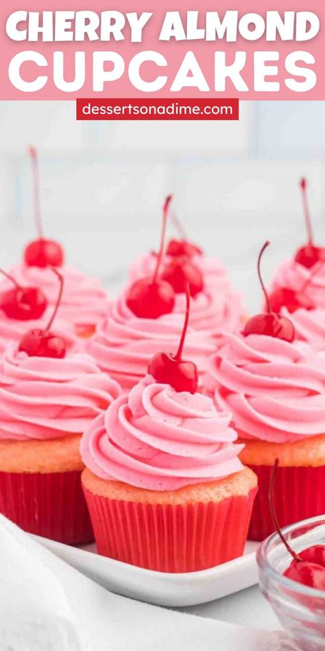 Cherry Almond Cupcakes, Cherry Cupcakes Recipes, Cherry Frosting, Almond Buttercream, Almond Cupcakes, Fluffy Cupcakes, Dessert Cups Recipes, Cherry Cupcakes, Easy Cupcake Recipes