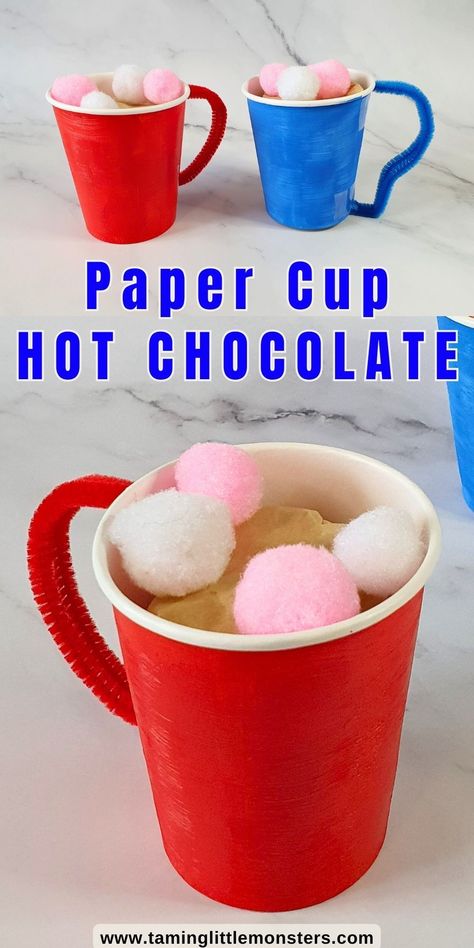 Paper Cup Hot Chocolate Craft for Kids. A fun art and craft activity for kids to try this Winter or Christmas. Perfect for preschoolers and kindergarteners. #artsandcrafts #winter #christmas #preschool #kindergarten Hot Chocolate Christmas Ornaments Diy, Hot Chocolate Stem Activity, Preschool Hot Chocolate Craft, Hot Cocoa Activities For Toddlers, Hot Chocolate Art Preschool, Hot Chocolate Day At School, Hot Chocolate Crafts For Toddlers, Hot Chocolate Party For Kids, Hot Chocolate Art Project For Kids