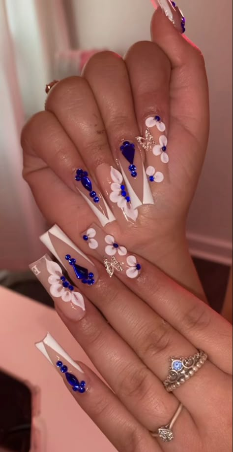 Royal Blue Nails With Initials, White With Royal Blue Nails, Quince Royal Blue Nails, Blue Nails For Graduation, Blue Latina Nails, Royal Blue Nails Acrylic Short, Navy Blue Quince Nails, Blue Nails Medium Length, Royal Blue And Gold Nails For Quince