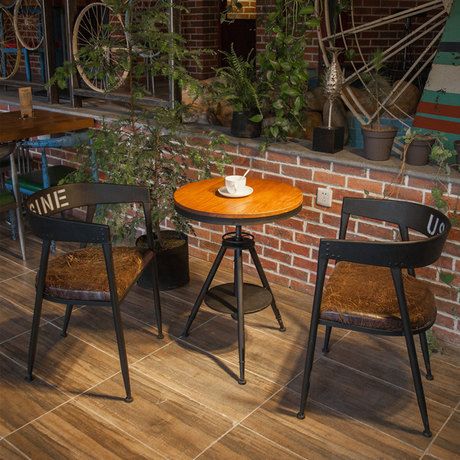 Indoor Cafe Set, Small Coffee Shop Tables And Chairs, Small Cafe Table And Chairs, Cafe Sitting Ideas, Rustic Cafe Outdoor Seating, High Table And Chairs Cafe, Cafe Table Design, Coffee Shop Tables And Chairs, 2 Chairs And A Table