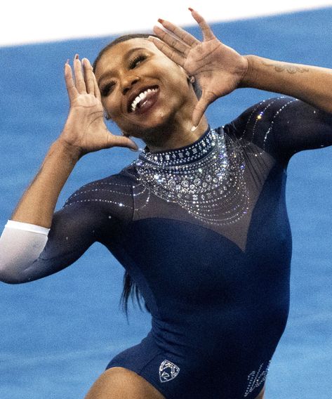 Take A Moment To Enjoy This Nia Dennis Gymnastics Routine — It’s Pure Black Excellence #refinery29 https://www.refinery29.com/en-us/2021/01/10276961/nia-dennis-ucla-gymnastics-viral-floor-routine Black Gymnast, Black Historical Figures, Gymnastics Routines, Blue Leotard, Lose My Breath, Gymnastics Team, Gymnastics Pictures, Celebrity Guys, Female Gymnast