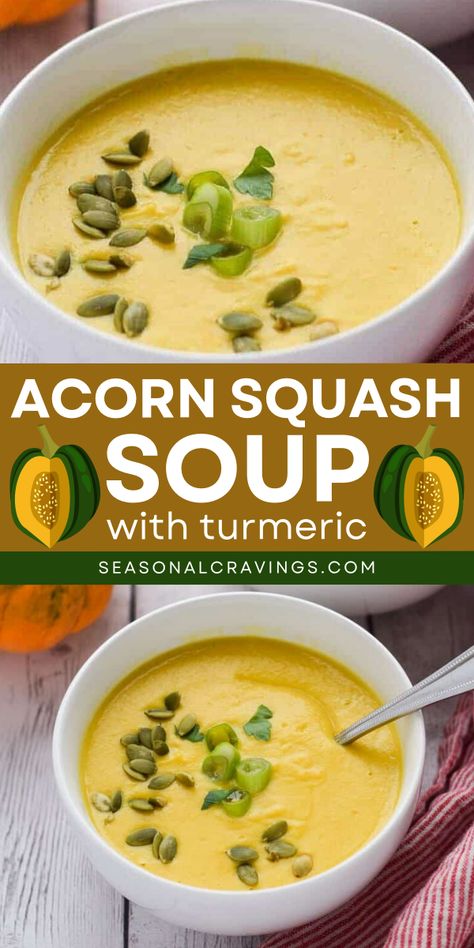 Enjoy Acorn Squash Soup with Turmeric for a bowl of yummy comfort food! This homemade soup is packed with nutritious ingredients and is paleo, Whole30, dairy free, gluten free, and vegan. It’s the perfect healthy choice for everyone. Enjoy! Antioxidant Soup Recipes, Vegan Squash Soup, Squash And Sweet Potato Soup, Soup With Turmeric, Acorn Squash Soup, Easy Comfort Food Dinners, Food Dinners, Pureed Soup, Dairy Free Gluten Free