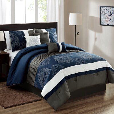 Winston Porter Ulrich Embroidery 7 Piece Comforter Set Size: King Blue Grey Bedroom, Vision Board Beach, Royal Bedroom Design, Navy Blue Bedroom, Bedroom Relaxing, Bed Coverings, Bedroom Comforter Sets, Beautiful Bedroom Ideas, Cool Bedding