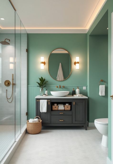 Green Bathroom Decor Teal Green Bathroom Ideas, Green And Blue Bathroom Ideas, Sea Green Bathroom, Small Green Bathroom, Lime Green Bathroom, Green Bathroom Decor Ideas, Teal Green Bathroom, Sea Green Bathrooms, Teal And Gray Bathroom