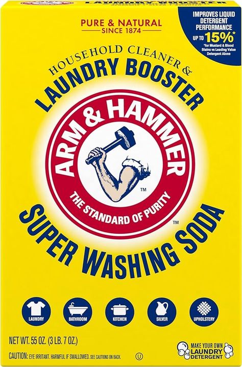 Amazon.com: ARM & HAMMER Super Washing Soda Household Cleaner and Laundry Booster, Versatile Natural Home Cleaner, Powder Laundry Additive and Cleaner, 55 oz Box : Health & Household Borax Laundry, Arm And Hammer Super Washing Soda, Fels Naptha, Laundry Stripping, Laundry Booster, Laundry Powder, Powder Detergent, Homemade Laundry Detergent, Natural Detergent