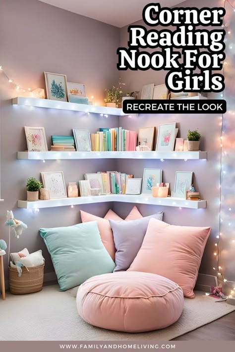 Want to create a cozy reading corner for your kids? Recreate the look of this cozy corner reading nook with our top picks for product ideas (see a few in the "Shop The Look" section below this pin). Perfect reading nook  kids' bedrooms or playrooms #ReadingNookIdeas #CozyReadingNook #GirlsBookNook Girl’s Room Ideas, Kids Reading Nook In Bedroom, Girls Reading Nook Ideas, Girls Room Reading Corner, Kids Reading Nook Corner, Reading Corner Bedroom Kids, Reading Nook In Bedroom Kids, Room For Girls Ideas, Book Corner Bedroom