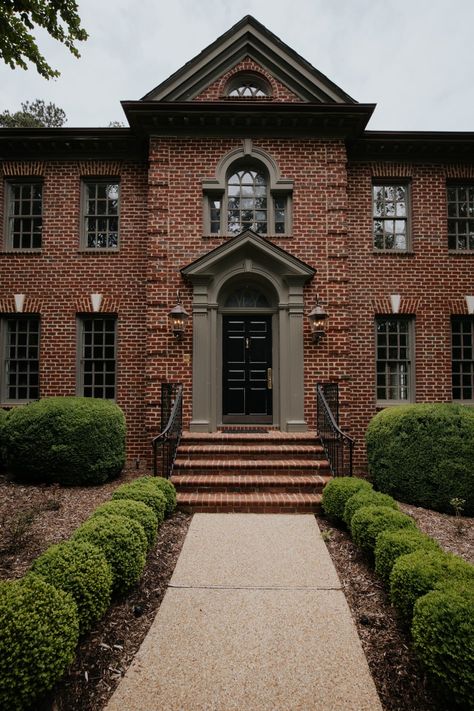 Red Brick Two Story House Exterior, Builder Grade Exterior Makeover, Brick Colonial House Exterior, Brick House Trim, Red Floors, Julia Marcum, Brick Colonial House, Red Brick House Exterior, Red Brick Exteriors