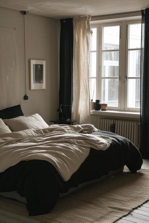 Beige and Black Bedroom Ideas: Chic Decor Tips Black And Oatmeal Bedroom, Ivory And Black Bedroom, Bedroom Black And Beige, Beige Aesthetic Room Ideas, Black Bedding Room Ideas, Black Beige Bedroom, Tan And Black Bedroom, Beige And Black Bedroom Ideas, Black And Cream Bedroom Ideas