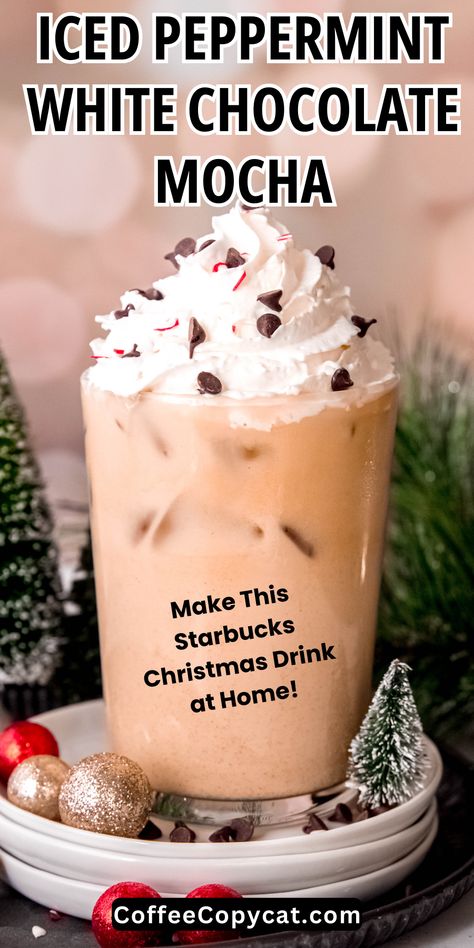 Experience the magic of the holidays with my Starbucks-inspired iced peppermint white chocolate mocha. Brew joy at home with this easy and refreshing winter coffee recipe. Celebrate the season with this heartwarming homemade Starbucks copycat Christmas drink that adds a touch of magic to every moment. #starbucksrecipeswinter #starbuckscopycatrecipe Starbucks Peppermint White Mocha, Copycat Coffee Drinks, Peppermint Cold Brew, Special Coffee Drinks, Christmas Iced Coffee Recipes, Coffee Bar Menu Ideas, Iced Peppermint Mocha Recipe, Christmas Coffee Drink Recipes, Winter Coffee Drinks Recipes