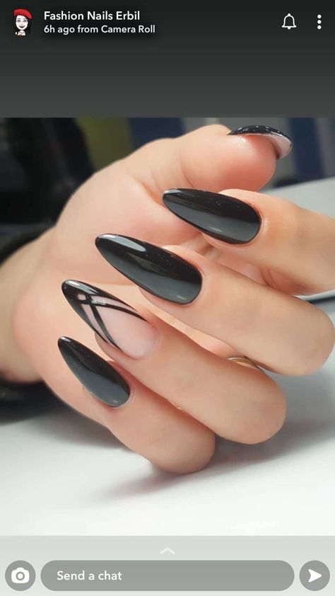 Classic Black Nails Ideas, Black Elegant Nails Almond, Acrylic Nail Designs Goth, Simple Edgy Nails Almond, Black Colorful Nails, Nails Acrylic Almond Black, Black Acrylic Nails Almond, Black Fancy Nails, Simple Edgy Nails