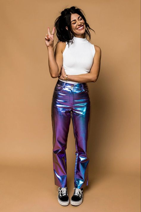 Holographic Pants, Brown Boots Outfit, Clear Face Mask, Dressed In Lala, Festival Rave Outfit, Magic Girl, Maximalist Style, Oufits Casual, Mock Neck Tank