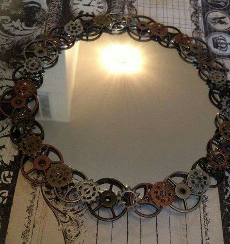 I want to make this mirror Steampunk Bedroom Decor, Steampunk Bedroom Ideas, Steampunk Mirror, Steampunk Room, Steampunk Rooms, Décor Steampunk, Steampunk Bedroom, Steampunk Bathroom, Steampunk Interior