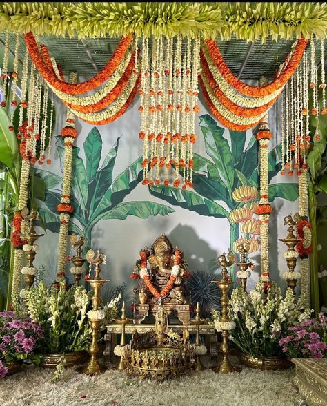 South Indian Ganpati Decoration, Pooja Decoration Backdrop, Ganesh Pandal, Indian Floral Decor, Ganesh Decoration, Ganpati Decor, Varalakshmi Pooja, Indian Wedding Decorations Receptions, Ganesh Chaturthi Decoration