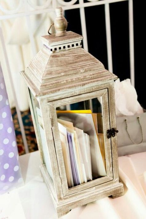 Love this idea for a card holder!  Lantern card holder- rustic like Diy Card Box, Wedding Gift Card Box, Gift Table Wedding, Wedding Card Box, Wedding Card Holder, Wedding Box, Gift Card Boxes, Wedding Gift Boxes, Card Box Wedding