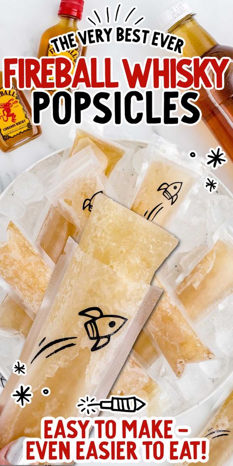 Fireball Whisky Popsicles Fireball Popsicles, Whiskey Popsicles, Fireball And Cream Soda, Adult Popsicles Recipes, Alcohol Snacks, Adult Popsicles, Fireball Recipes, Boozy Ice Pops, Alcoholic Popsicles