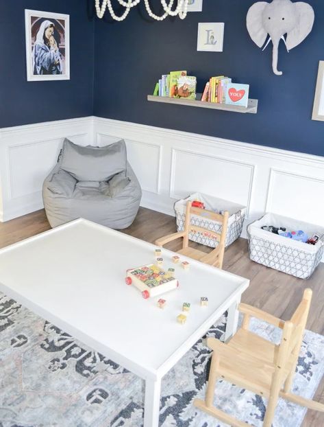 One Room Challenge Week 6 Full Reveal Playroom Reveal Fall 2019 | Fraîche & Co Playroom With Chair Rail, Playroom Wainscoting, Navy Playroom, Playroom Paint, Stylish Playroom, Blue Playroom, Boy Room Paint, Playroom Makeover, Grandkids Room