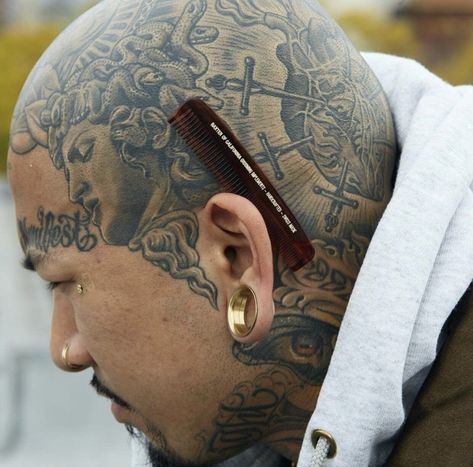 Bald Head Tattoo, Bald Head Man, Guys Ear Piercings, Scalp Tattoo, Hard Tattoos, Estilo Cholo, Chicano Tattoos, Head Tattoo, Head Tattoos