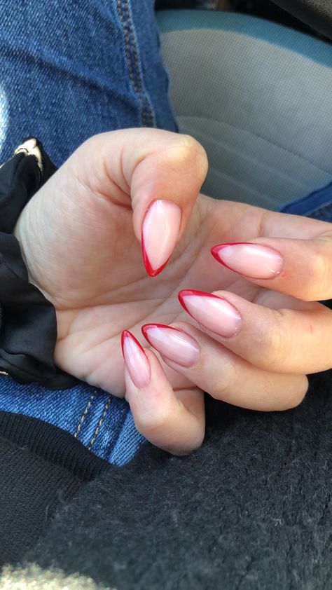 French Pointed Nails, Red Pointed French Tip Nails, Deep V French Tip Nails Almond, Baddie Nails Almond Shape, Red Glitter French Tip Nails Almond, Almond Point Nails, Pointed French Tip Nails, Nude And Red Nails, Red French Nails Design