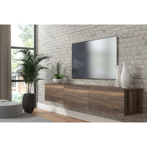 Media Console With Floating Shelves, Floating Cabinets Living Room, Floating Tv Stand Living Room, Wall Mounted Media Console, Floating Tv Unit, Wood Media Console, Open Display Shelf, Floating Tv Stand, Floating Tv