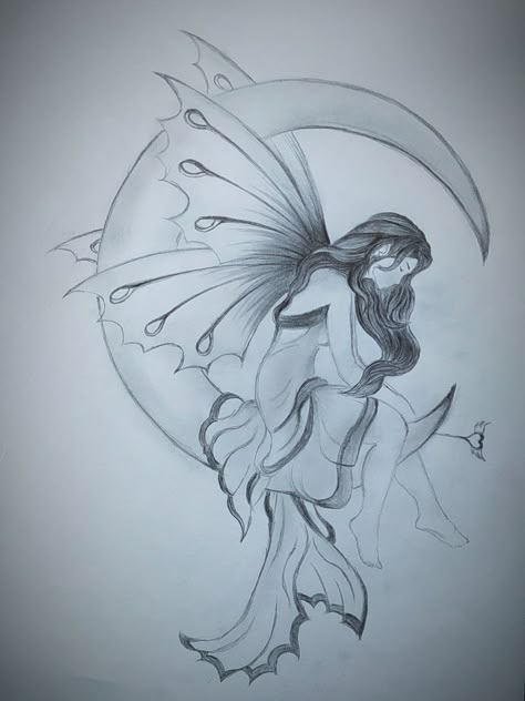 Moon angel love butterfly drawing black and white Fairy Sketch, Moon Angel, Fairy Tattoo Designs, Fairy Drawings, Cool Tattoo, Flower Drawing Tutorials, Angel Drawing, Diy Abstract Canvas Art, Fairy Artwork